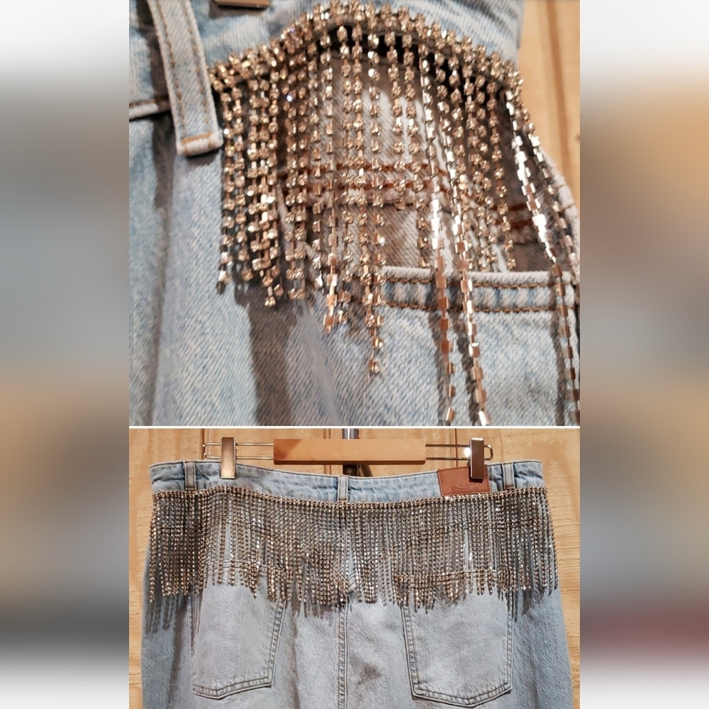 ASOS Light Wash High Rise Jeans with Fringe & Rhinestone Detail NWT Runs Big